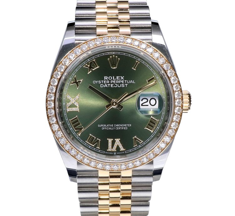 Rolex Datejust 36 Oyster Datejust Jubilee Gold Steel Olive Green Roman Diamonds 36 Mm Unworn 2023