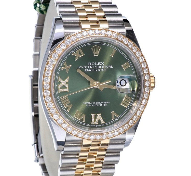 Rolex Datejust 36 Oyster Datejust Jubilee Gold Steel Olive Green Roman Diamonds 36 Mm Unworn 2023
