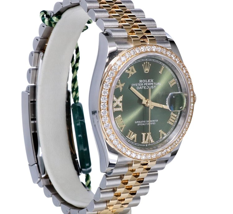 Rolex Datejust 36 Oyster Datejust Jubilee Gold Steel Olive Green Roman Diamonds 36 Mm Unworn 2023