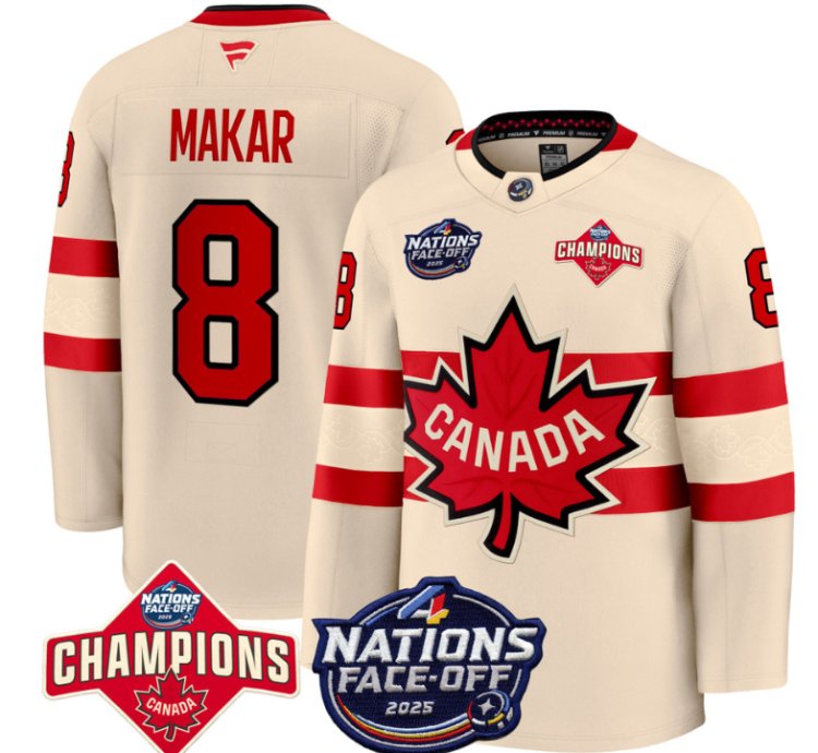 Mens Cale Makar Jersey 8 Canada 4 Nations Face-off 2025 Champions Cream