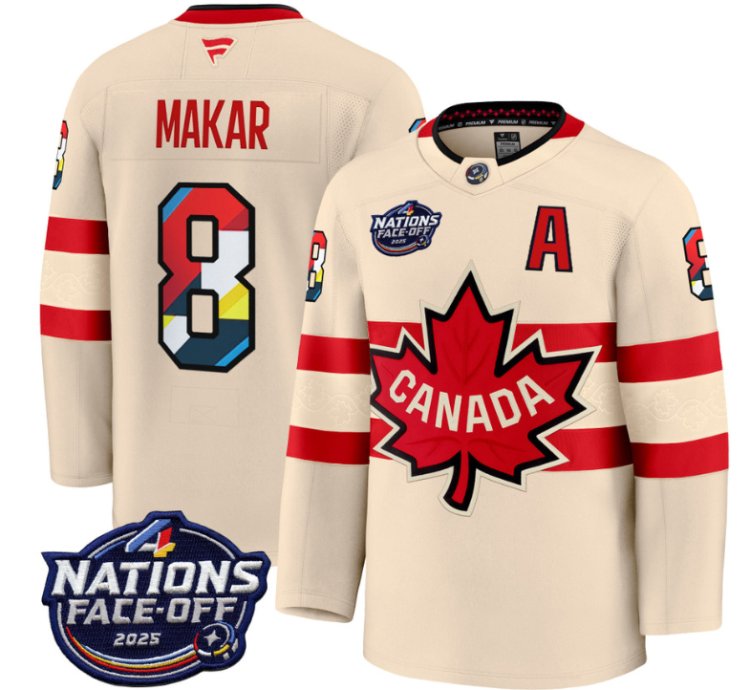 Mens Cale Makar Jersey 8 Canada 4 Nations Face-off 2025 V2 Stitched Cream