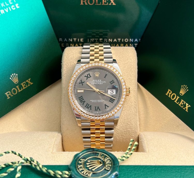 Rolex Datejust 36 Unworn Two Tone Yellow Gold Datejust 36mm Wimbledon Dial Diamond Bezel 126283rbr