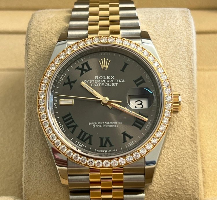 Rolex Datejust 36 Unworn Two Tone Yellow Gold Datejust 36mm Wimbledon Dial Diamond Bezel 126283rbr
