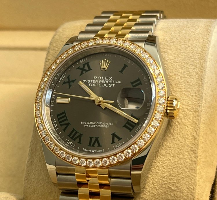 Rolex Datejust 36 Unworn Two Tone Yellow Gold Datejust 36mm Wimbledon Dial Diamond Bezel 126283rbr