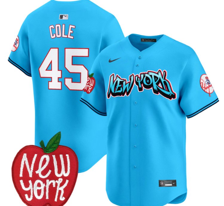 Gerrit Cole Jersey 45 New York Yankees Apple Patch Vapor Premier Limited Stitched Light Blue
