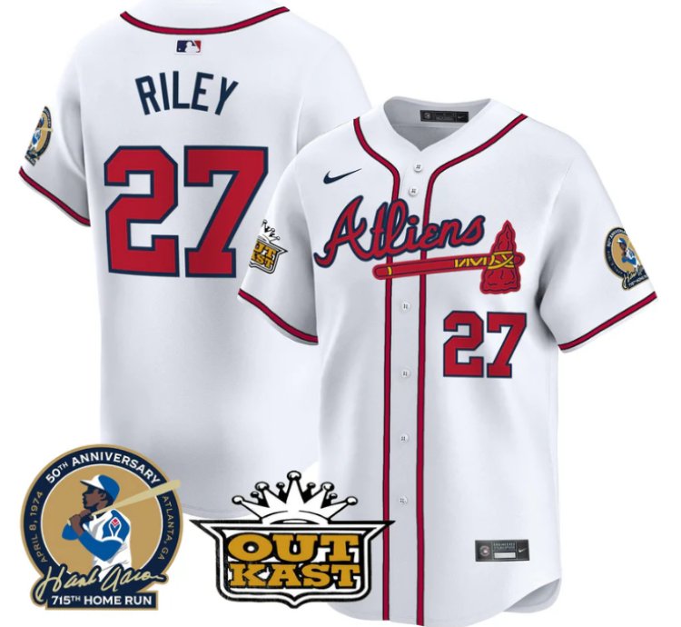 Austin Riley Jersey 27 Atlanta Braves Atliens Hank Aaron Patch Limited Stitched White