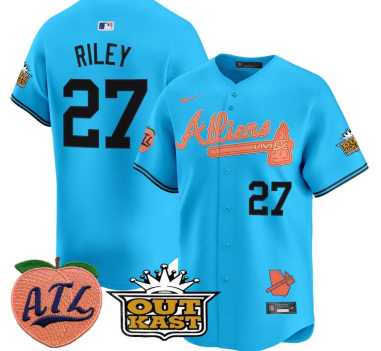 Austin Riley Jersey 27 Atlanta Braves Atliens Peach Vapor Premier Limited Stitched Light Blue
