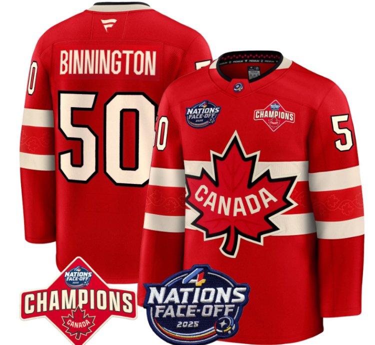 Mens Jordan Binnington Jersey 50 Canada 4 Nations Face-off 2025 Champions Red