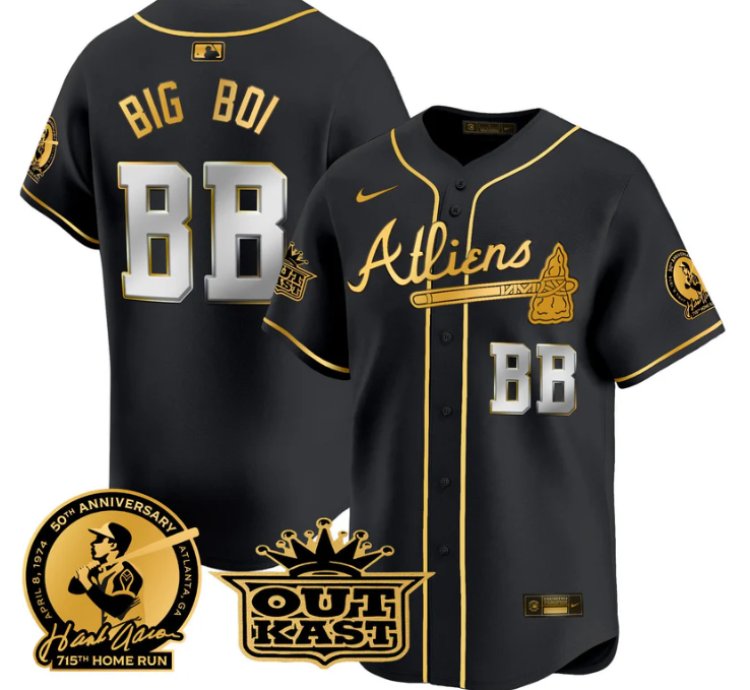 Big Boi Jersey bb Atlanta Braves Atliens Hank Aaron Patch Limited Stitched Black Gold