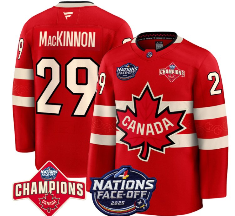 Mens Nathan Mackinnon Jersey 29 Canada 4 Nations Face-off 2025 Champions Red