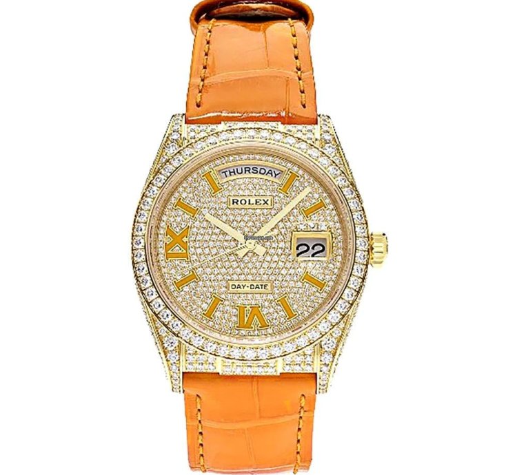 Rolex Day-date 36 128158rbr 18k Yellow Gold Diamond Bezel Pave Diamond Roman Dial 36 Mm