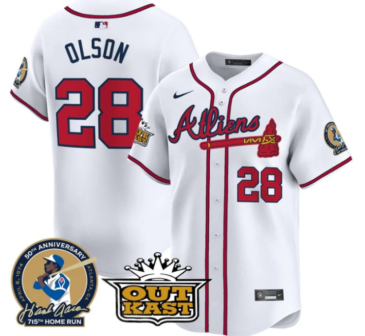 Matt Olson Jersey 28 Atlanta Braves Atliens Hank Aaron Patch Limited Stitched White