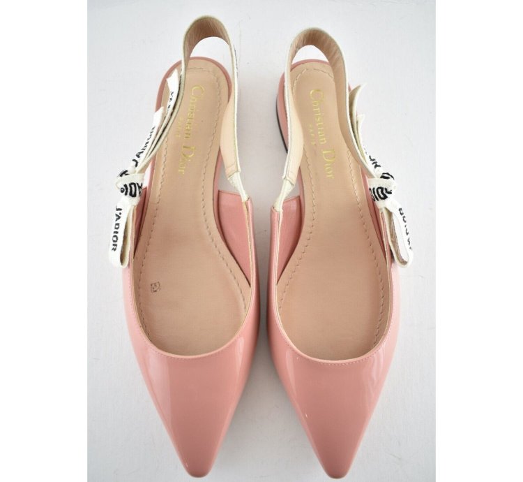 Dior Jadior Dusty Candy Pink Patent Logo Ribbon Slingback 37