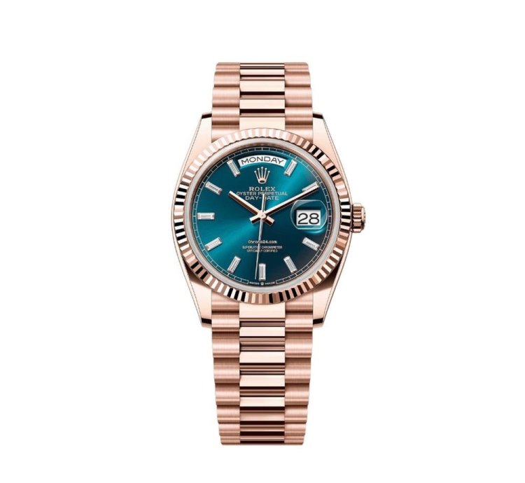 Rolex Day-date 36 128235 Rose Gold Blue-green Baguette Marker Dial