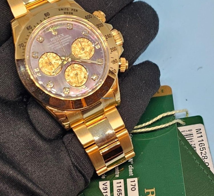 Rolex Daytona 116528 Yellow Gold Diamonds Tahiti Mother Of Pearl Dial Full Set Stickers