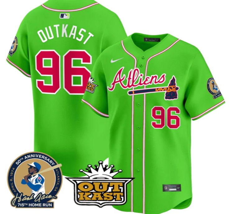 Outkast Jersey 96 Atlanta Braves Atliens Hank Aaron Patch Limited Stitched Bright Green