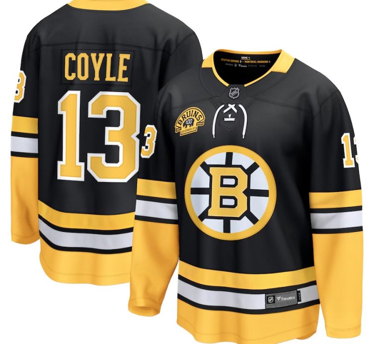 Mens Boston Bruins 13 Charlie Coyle 100th Anniversary Premier Breakaway Jersey Black