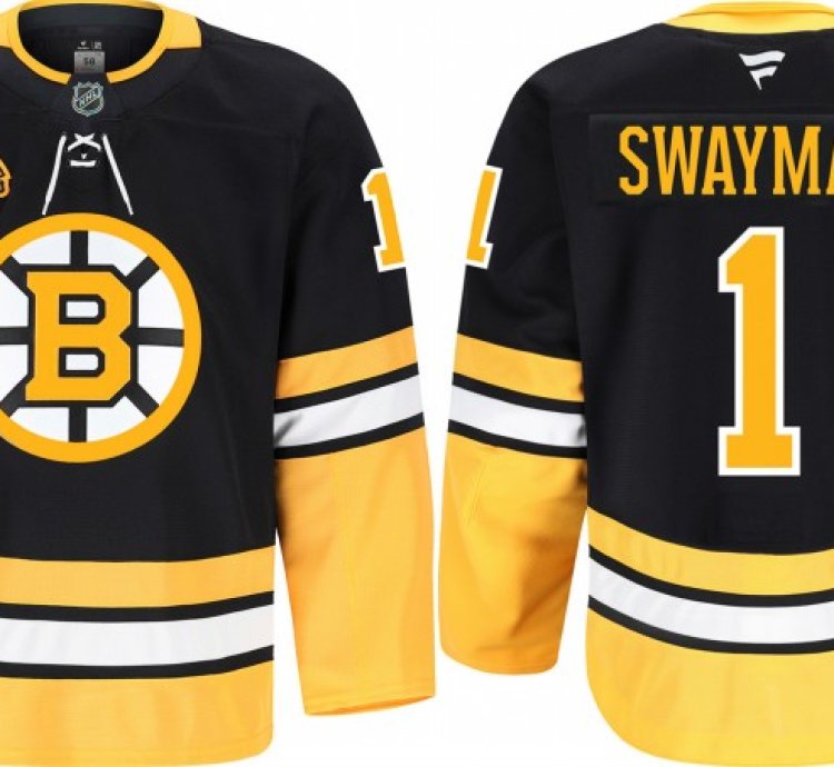 Mens Boston Bruins 1 Jeremy Swayman Black 100th Anniversary Stitched Hockey