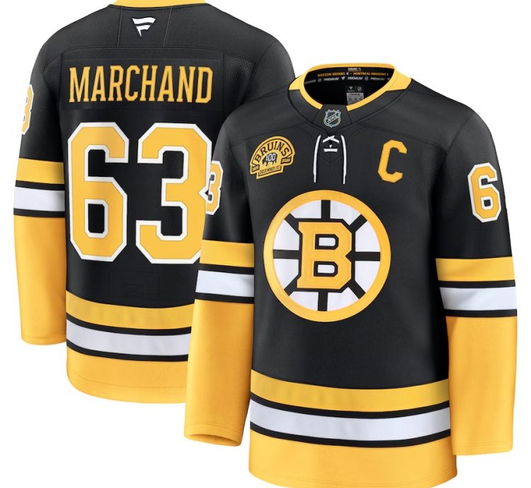 Mens Boston Bruins 63 Brad Marchand Alternate 100th Anniversary Premium Jersey Black