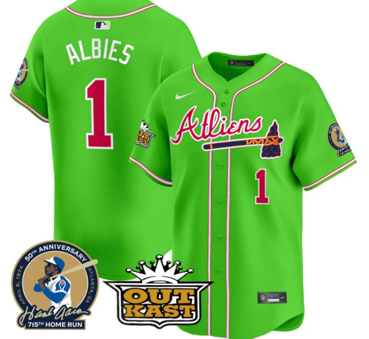 Ozzie Albies Jersey 1 Atlanta Braves Atliens Hank Aaron Patch Limited Stitched Bright Green