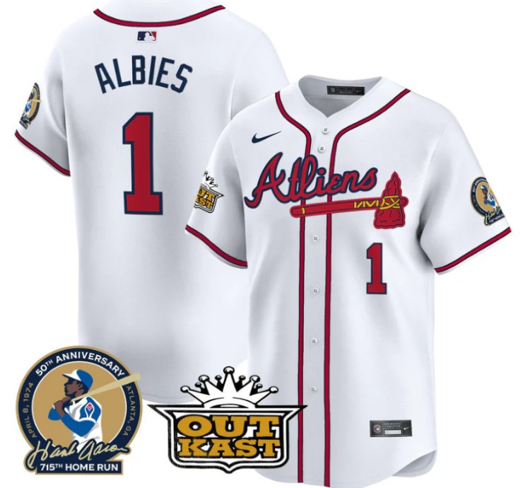 Ozzie Albies Jersey 1 Atlanta Braves Atliens Hank Aaron Patch Limited Stitched White