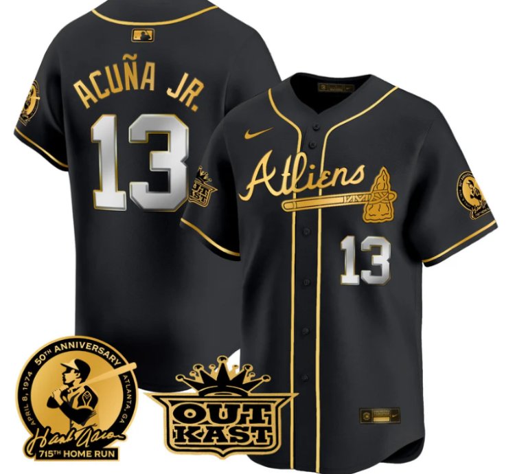 Ronald Acuna Jr Jersey 13 Atlanta Braves Atliens Hank Aaron Patch Limited Stitched Black Gold