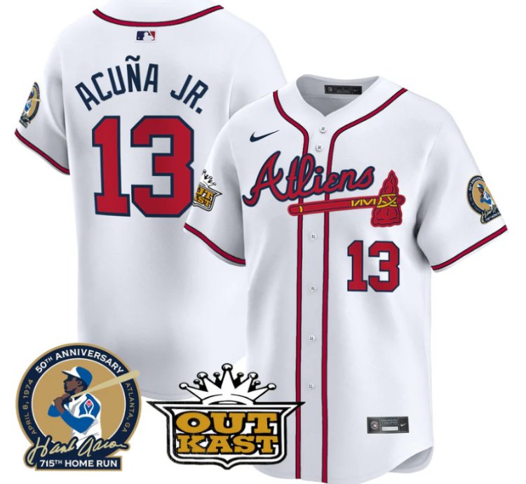 Ronald Acuna Jr Jersey 13 Atlanta Braves Atliens Hank Aaron Patch Limited Stitched White