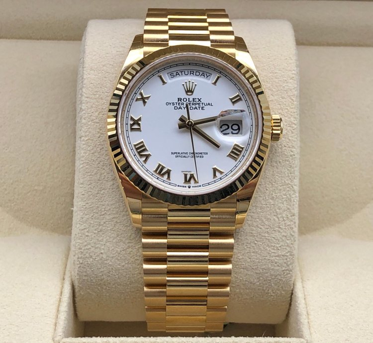 Rolex Day-date 36 128238 White Roman Dial Yellow Gold
