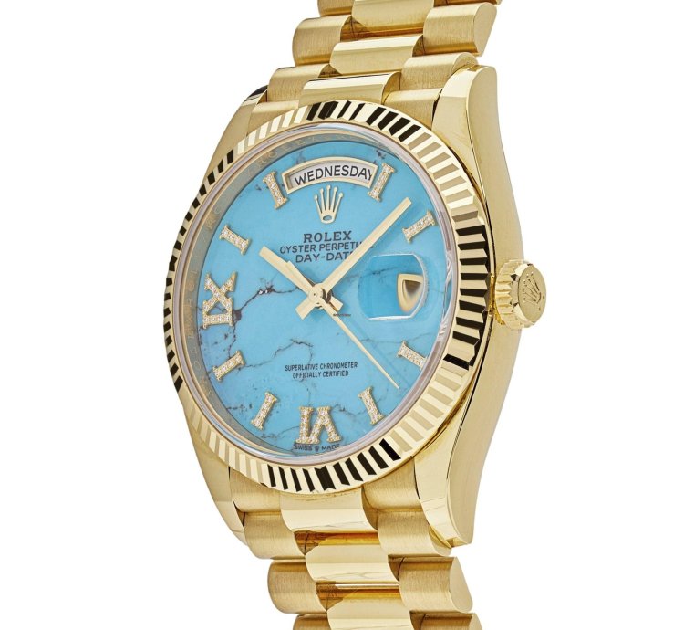 Rolex Day-date 36 128238 Yellow Gold Turquoise Diamond Dial