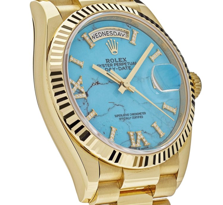 Rolex Day-date 36 128238 Yellow Gold Turquoise Diamond Dial
