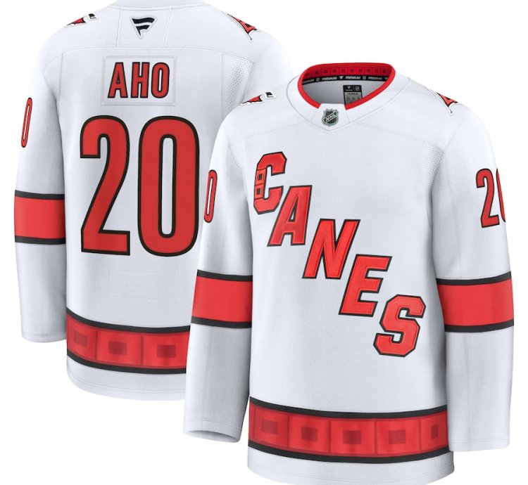 Mens Carolina Hurricanes 20 Sebastian Aho Away Premium Jersey White