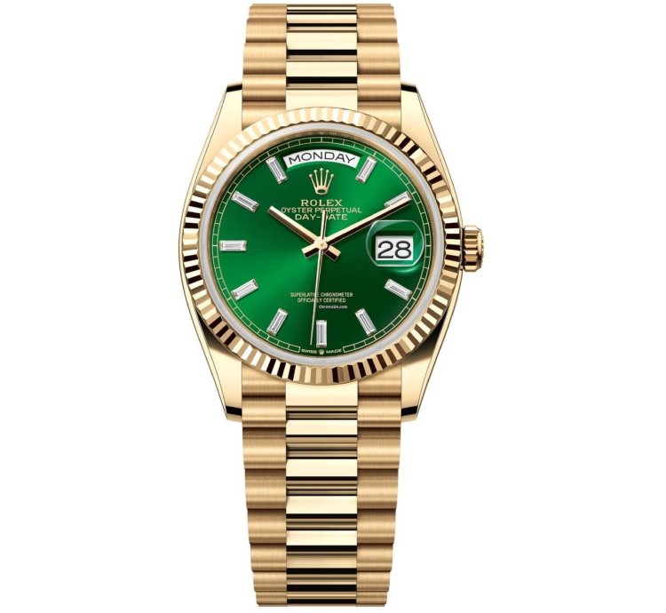 Rolex Day-date 36 128238-0130 Day-date 36mm Yellow Gold Watch Green Baguette Dial Watch 2024