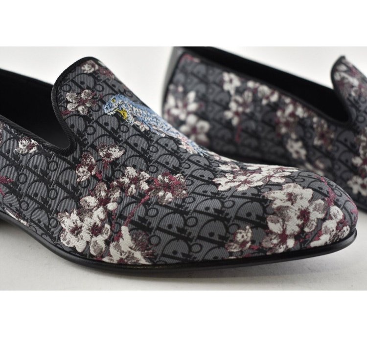 Dior Sorayama Black Canvas Floral Men Dress Loafer 42 9