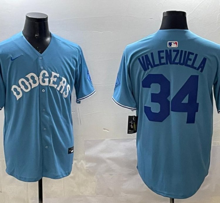 Los Angeles Dodgers Fernando Valenzuela Light Blue Royal Throwback Jersey