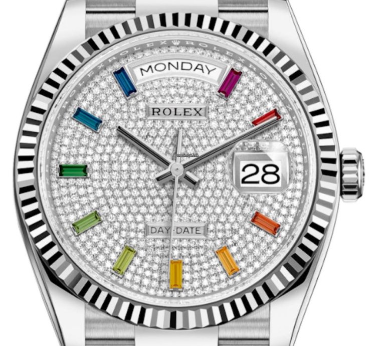 Rolex Day-date 36 128239 36mm White Gold Pave Rainbow Dial Unworn 2023