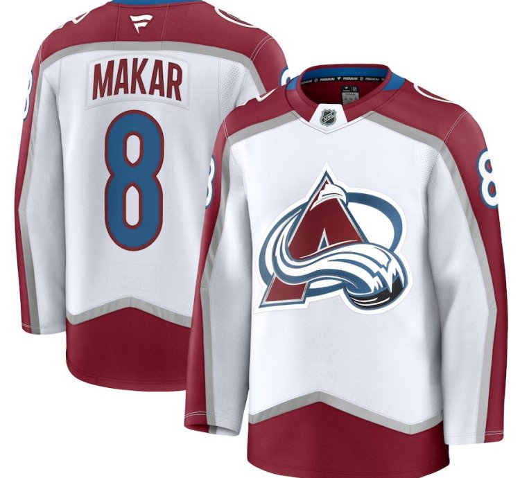 Mens Colorado Avalanche 8 Cale Makar Away Premium Jersey White