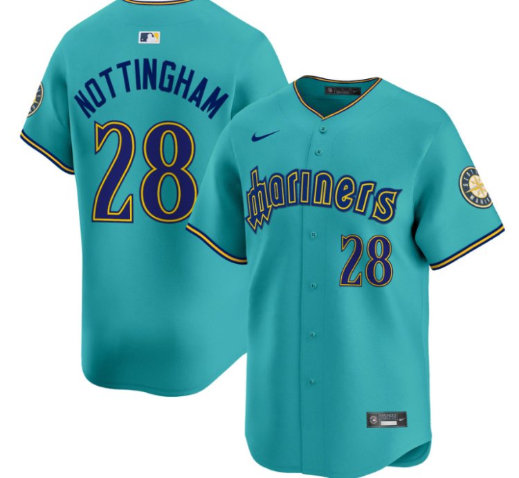 Jacob Nottingham Jersey 28 Seattle Mariners 2025 Vapor Premier Limited Stitched Aqua