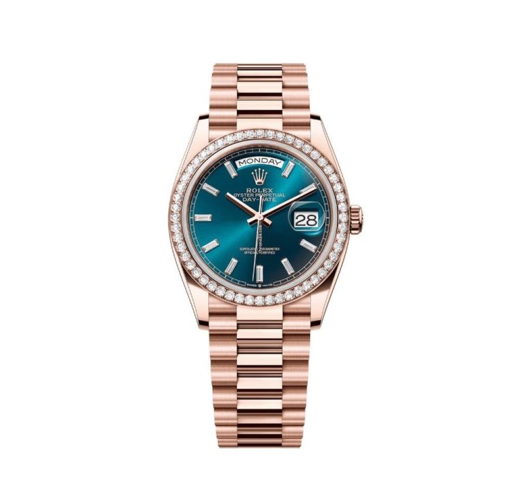 Rolex Day-date 36 128345rbr Rose Gold Diamond Bezel Blue-green Baguette Marker Dial