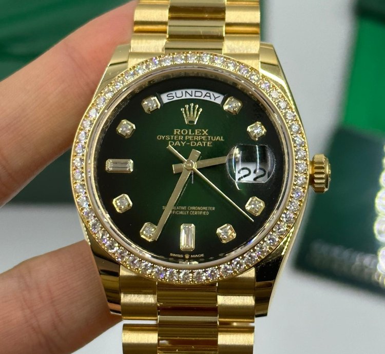 Rolex Day-date 36 128348rbr Green Bezel Ombr Diamond Dial Yellow Gold President Diamond Bezel