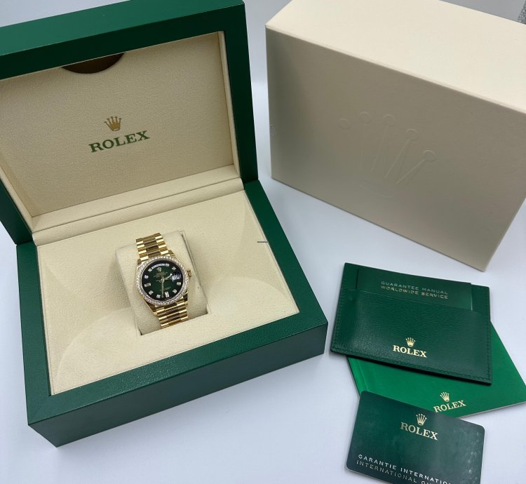 Rolex Day-date 36 128348rbr Green Bezel Ombr Diamond Dial Yellow Gold President Diamond Bezel