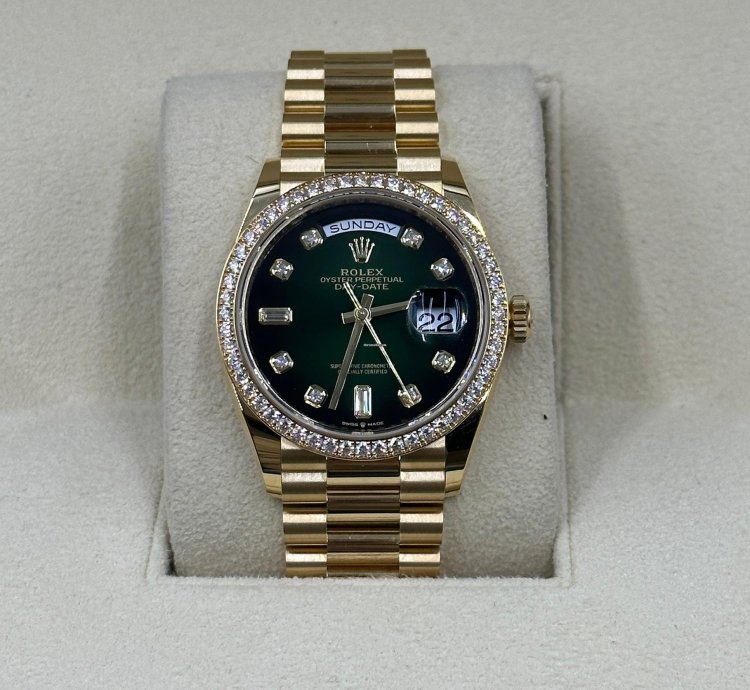 Rolex Day-date 36 128348rbr Green Bezel Ombr Diamond Dial Yellow Gold President Diamond Bezel