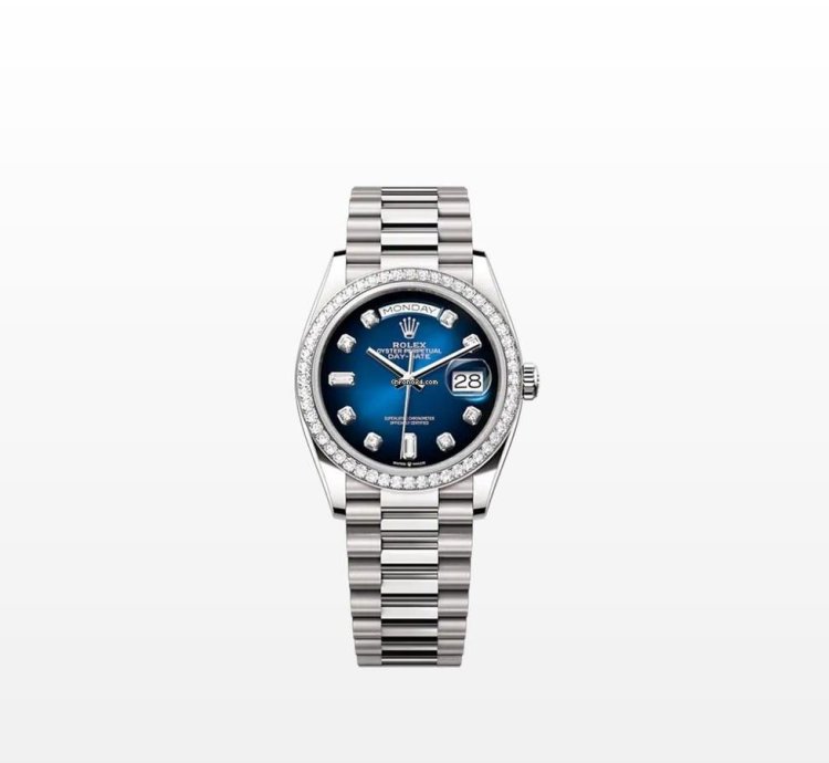 Rolex Day-date 36 128349rbr Blue Diamond Dial Diamond Bezel White Gold President