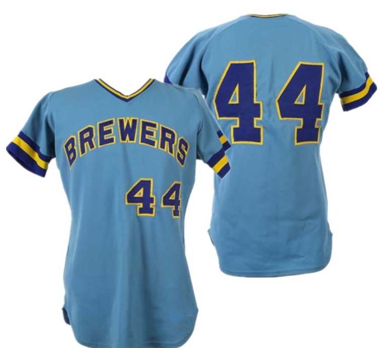 Milwaukee Brewers Hank Aaron Blue 1975 Throwback Pullover Jersey