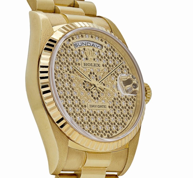 Rolex Day-date 36 18238 Yellow Gold Skeleton Pav Diamond Dial