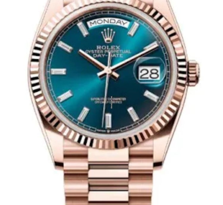 Rolex Day-date 36 2025 Blue Dial Baguette Diamond Dial Fluted 18k Rose Gold Day-date 36