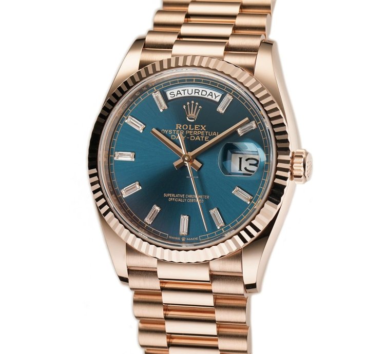 Rolex Day-date 36 36mm 18k Everose Gold President Blue-green Baguette Diamond Dial