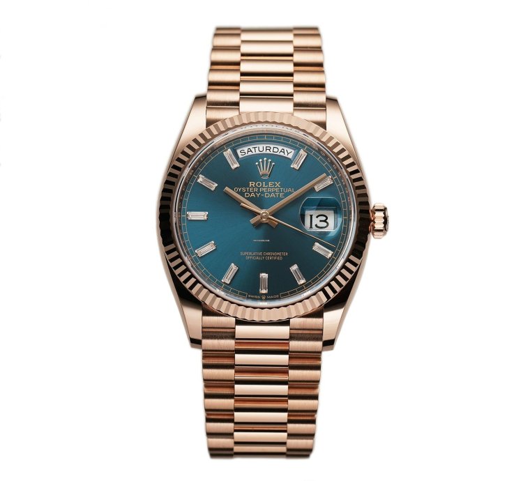 Rolex Day-date 36 36mm 18k Everose Gold President Blue-green Baguette Diamond Dial