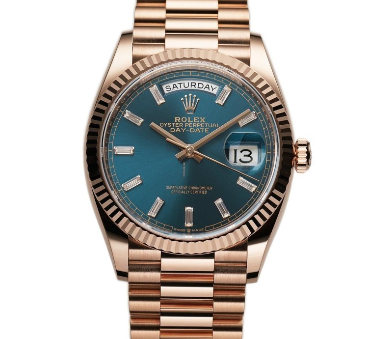 Rolex Day-date 36 36mm 18k Everose Gold President Blue-green Baguette Diamond Dial