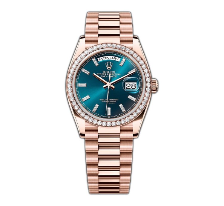 Rolex Day-date 36 36mm 18k Rg President Diamond Bezel Blue-green Baguette Diamond Dial