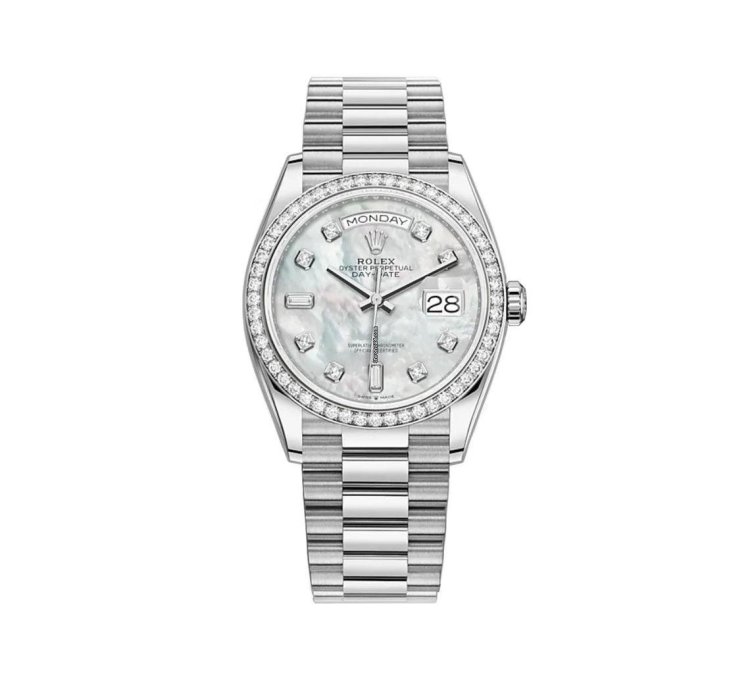 Rolex Day-date 36 36mm 18k White Gold President Diamond Bezel Mop Baguette Diamond Dial